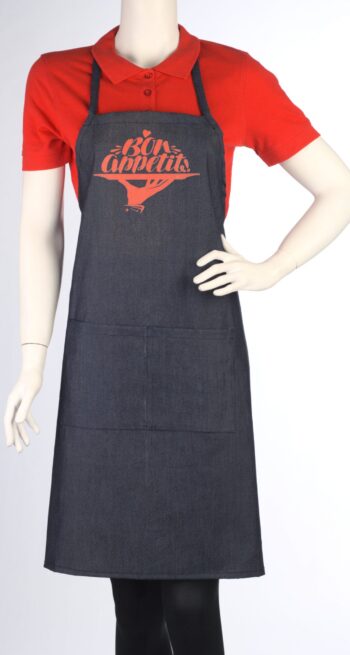 Дънкова престилка през врат с печат Bon Appetite