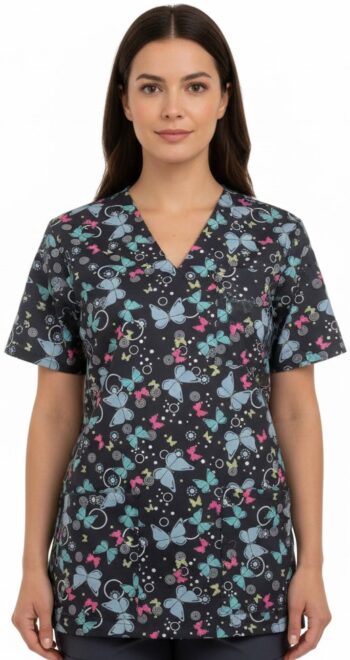 медицинска туника унисекс 100% памук със сини пеперуди