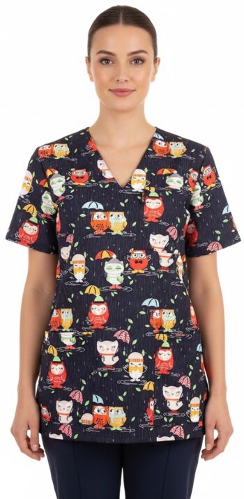 Медицинска туника унисекс шарена с щампа бухалчета